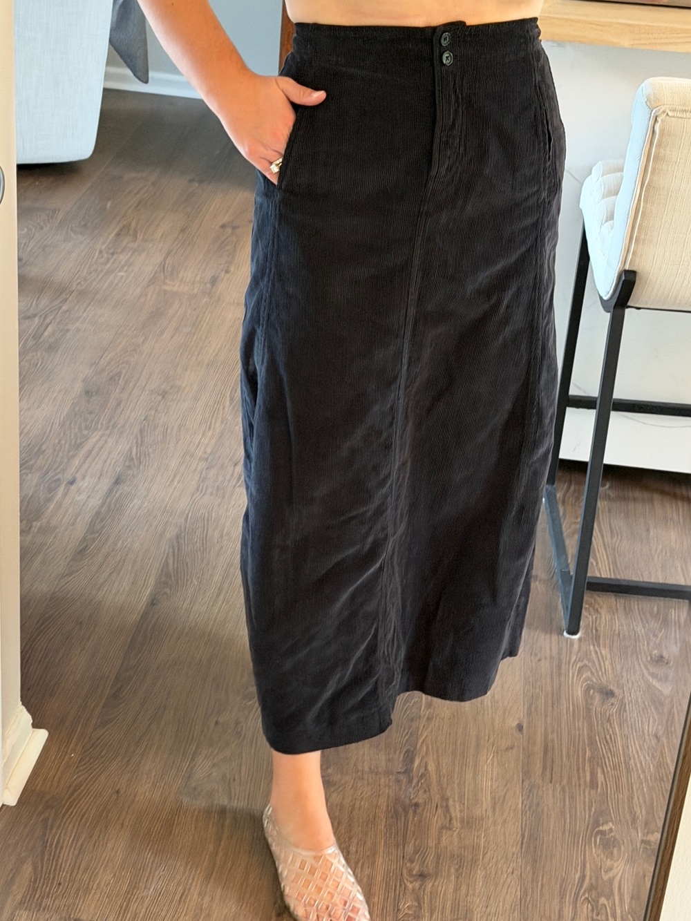 POETRY Black Corduroy Maxi Skirt High Rise Button Front A-Line Cotton 8 S/M